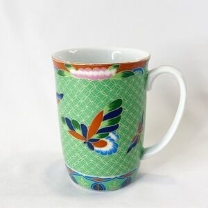 Vintage 1981 Takahashi Cloisonne Hand-Decorated Green Porcelain Butterfly Mug 4"